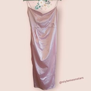 Pink Satin Slip Boutique Dress With Ruched Side And Slit